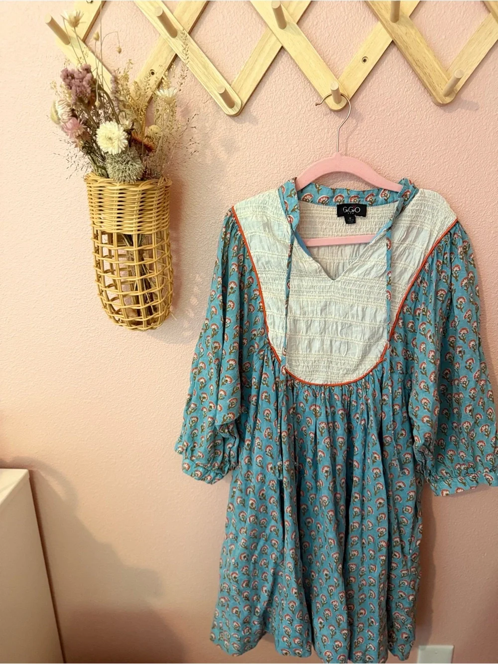 Indian Block Print Blue Printed Peasant Mini Dress with Smocked Bib - Picture 6 of 8